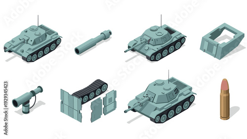 isometric military tank parts and assembly collection hand drawn illustration