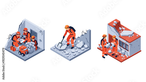 rescue workers inspecting and clearing debris at collapsed buildings hand drawn isometric collection