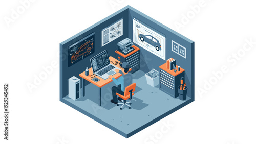 isometric car design engineer workspace with laptop technical drawings and tools in modern office