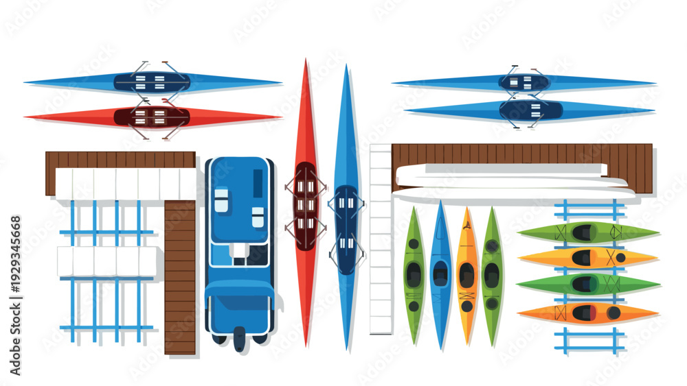 Fototapeta premium top view of various colorful rowing boats kayaks and paddle boats docked on wooden piers hand drawn illustration for water sports design