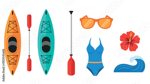 colorful kayaks with paddles swimsuit sunglasses hibiscus flower and ocean wave flat design summer beach elements