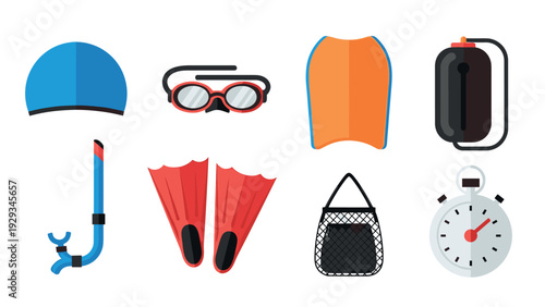 collection of colorful flat swimming and diving gear icons with hand drawn style and sports theme