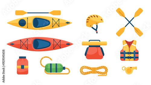 kayaking equipment set with two kayaks paddles helmet life vest rope and safety gear hand drawn icons