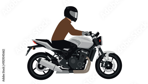 man riding a motorcycle with helmet and brown jacket flat vector illustration