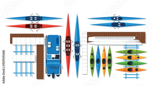 top view of various colorful rowing boats kayaks and paddle boats docked on wooden piers hand drawn illustration for water sports design
