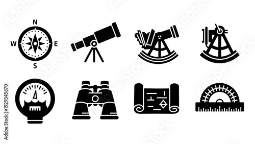 set of black silhouette navigation and astronomy instruments icons including compass telescope sextant map and binoculars in minimalist style