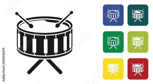 A snare drum with crossed sticks is shown on colored icons.