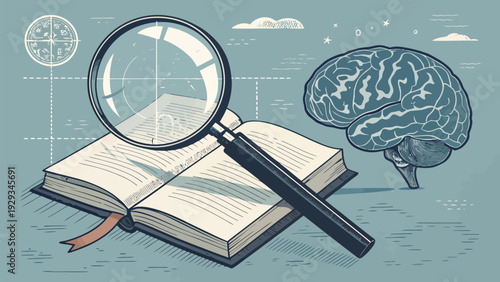 Study and research concept with magnifying glass on book and brain illustration