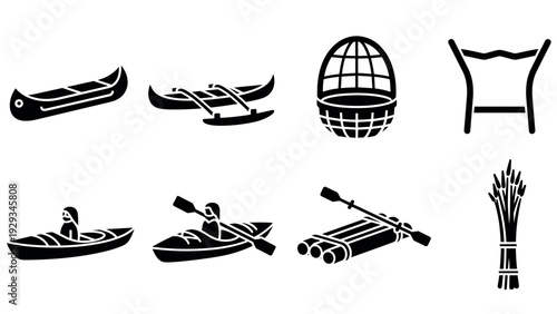 black silhouette icons set of traditional boats raft and paddlers in hand drawn style