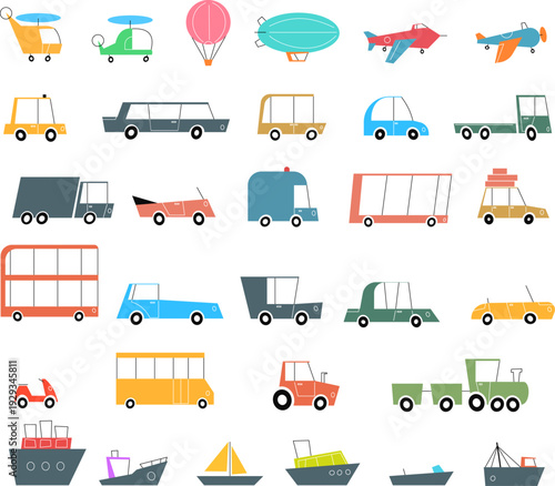 Large collection of stylized air, road and water transportation icons for child book, kids decoration, game, travel and logistics projects. Minimalist flat vector illustration in retro mid century mod