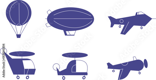 Set of monochrome air transport icons featuring helicopters, airplanes, hot air balloon, and zeppelin. Minimalist flat vector illustration in retro mid century modern style for aviation themed designs
