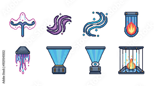 set of pixel art magic effect icons with fire and energy beams in retro game style