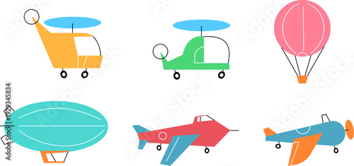 Set of colorful air transport icons featuring helicopters, airplanes, hot air balloon, and zeppelin. Minimalist flat vector illustration in retro mid century modern style for aviation themed designs, 