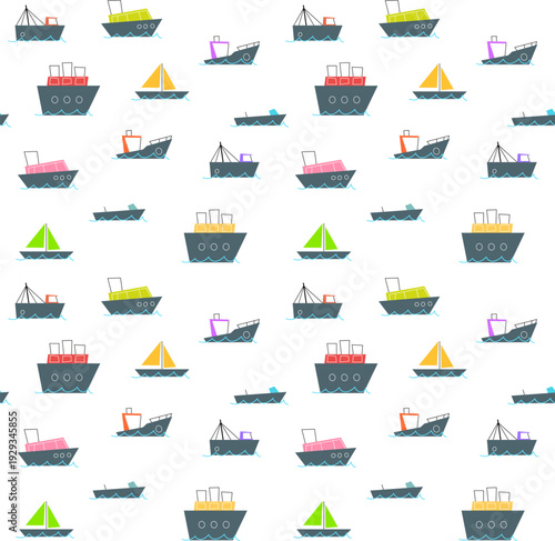 Nautical sea transport seamless pattern with ships and sailboats for kids room, child book, and travel projects. Minimalist flat vector illustration in retro mid century modern style.