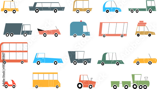 Set vector illustration of cars and land transport in cartoon mid century modern style. Collection elements for children book, game, print.