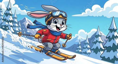 Cartoon rabbit skiing down snowy mountain.