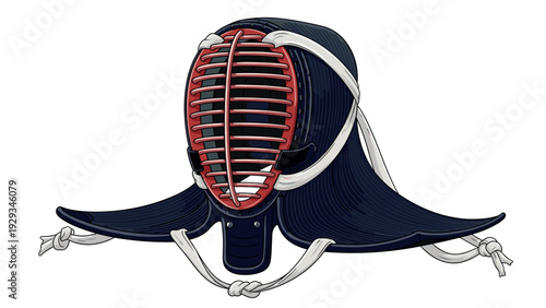 traditional kendo helmet with red grille and blue protective fabric hand drawn martial arts equipment