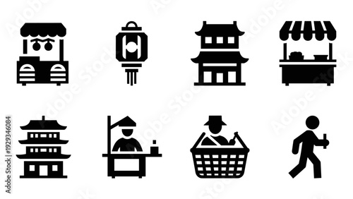 set of asian market and street vendor icons in black silhouette style