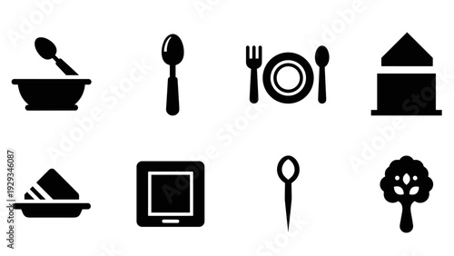 collection of black silhouette kitchen and food related icons including bowl spoon plate and fork butter container tablet needle and tree symbol