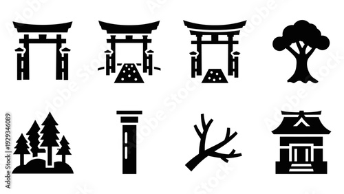set of japanese torii gates tree branch and temple silhouette icons in black simple style