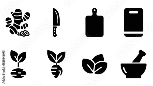 black silhouette icons of ginger root knife cutting boards fresh roots leaves and mortar and pestle kitchen tools set