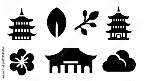 set of asian architecture and nature silhouette icons including pagodas flowers leaves and clouds in black