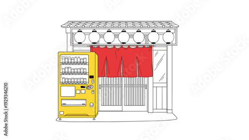 hand drawn illustration of japanese storefront with hanging lanterns red curtain and yellow vending machine in minimalist style
