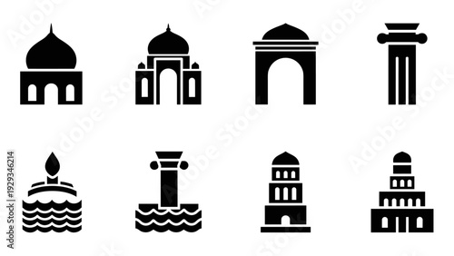 black and white mosque and column architecture silhouette icon set