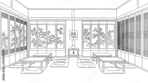 traditional korean interior room with low tables and cushions hand drawn line art illustration