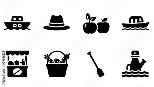 black silhouette icons set including boat hat apples market stall basket paddle and lighthouse in water