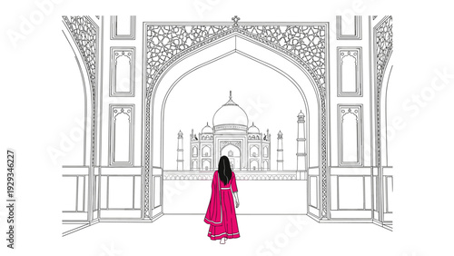 woman in traditional dress standing in front of taj mahal hand drawn line art illustration