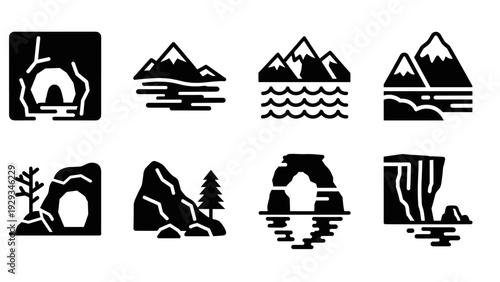 set of black and white hand drawn mountain cave rock cliff and water landscape icons