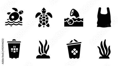 set of black silhouette icons of sea turtles plastic pollution and underwater plants in flat style