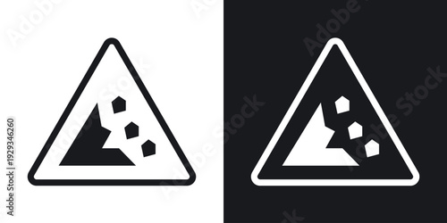 Falling rocks or debris warning road sign set in black and white stroke lines