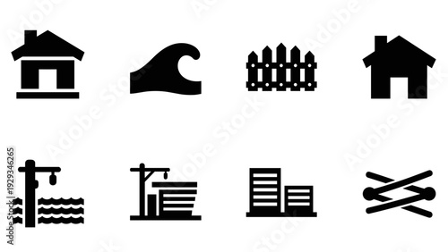set of eight black silhouette icons with house fence wave crane building and railway crossing elements
