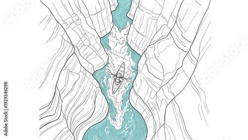 kayaking through a narrow canyon with turbulent water hand drawn river adventure illustration