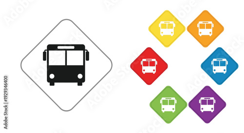 Bus transportation signs displayed in multiple colors.