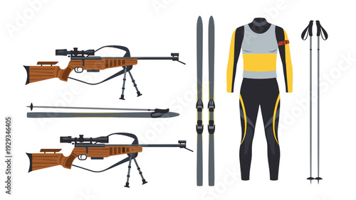 biathlon equipment set with rifles skis poles and racing suit in flat style