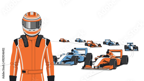 race car driver in orange suit with racing formula cars on track hand drawn illustration