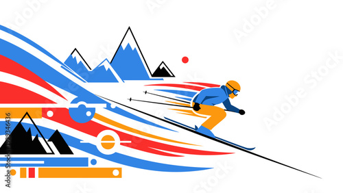 skiing athlete descending slope with abstract colorful dynamic lines and mountain background in modern graphic style