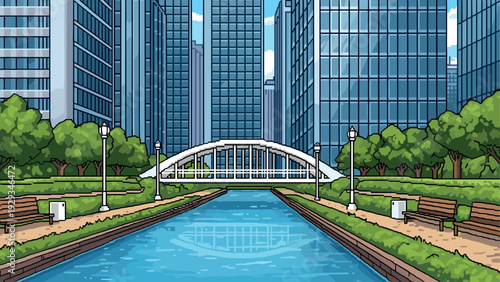 urban city park with river bridge and benches in hand drawn style modern background