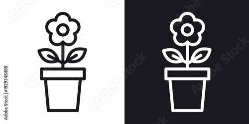 Flowerpot icon set in black and white stroke lines