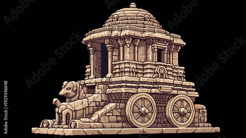 ancient stone chariot sculpture with detailed columns and wheels hand drawn illustration