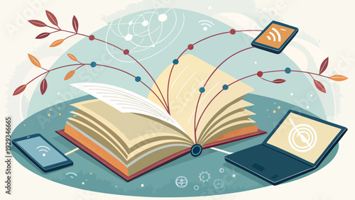 Knowledge sharing concept with open book laptop and mobile devices on a blue background with connections