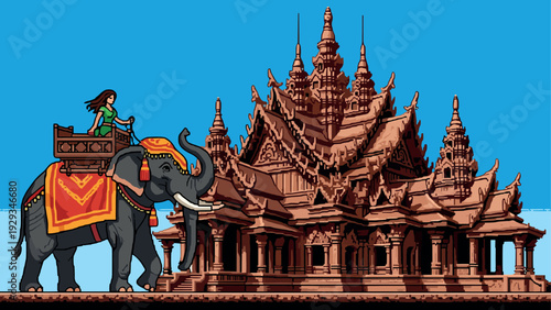 woman riding elephant with decorative cloth near traditional asian temple hand drawn illustration