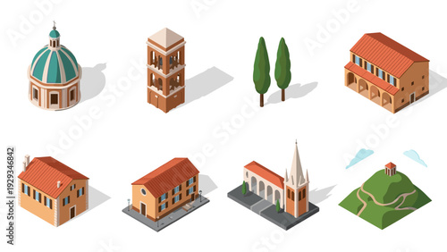 set of isometric hand drawn European buildings trees and hill landscape elements