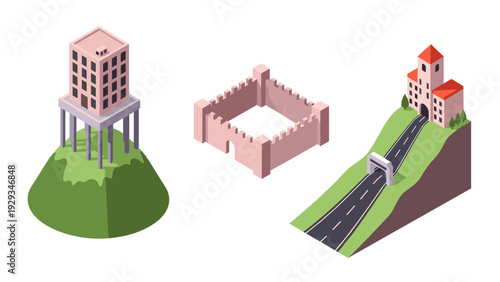 set of isometric castle fortress building vector illustrations with tower walls and road entrance in flat style