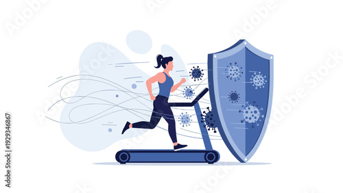 Woman exercising on a treadmill behind a protective shield to defend against viruses and stay healthy.