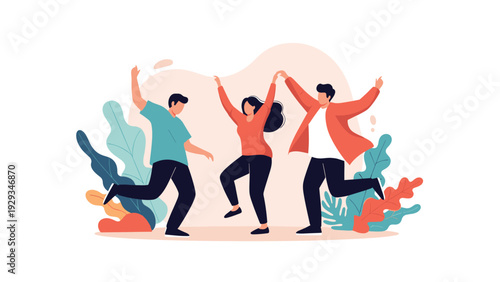 Group of three happy people dancing and celebrating together with colorful plant leaves in the background.