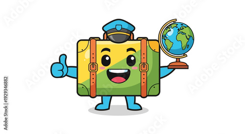 Cartoon Suitcase Character Holding Globe.